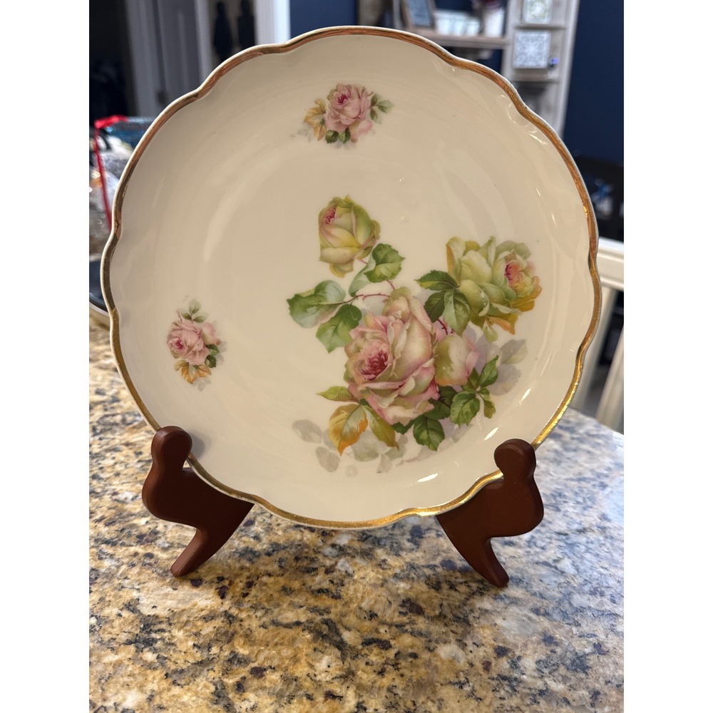 Vintage Germany Porcelain Scalloped Floral Plate Pink Yellow Roses Gold Trim 8in